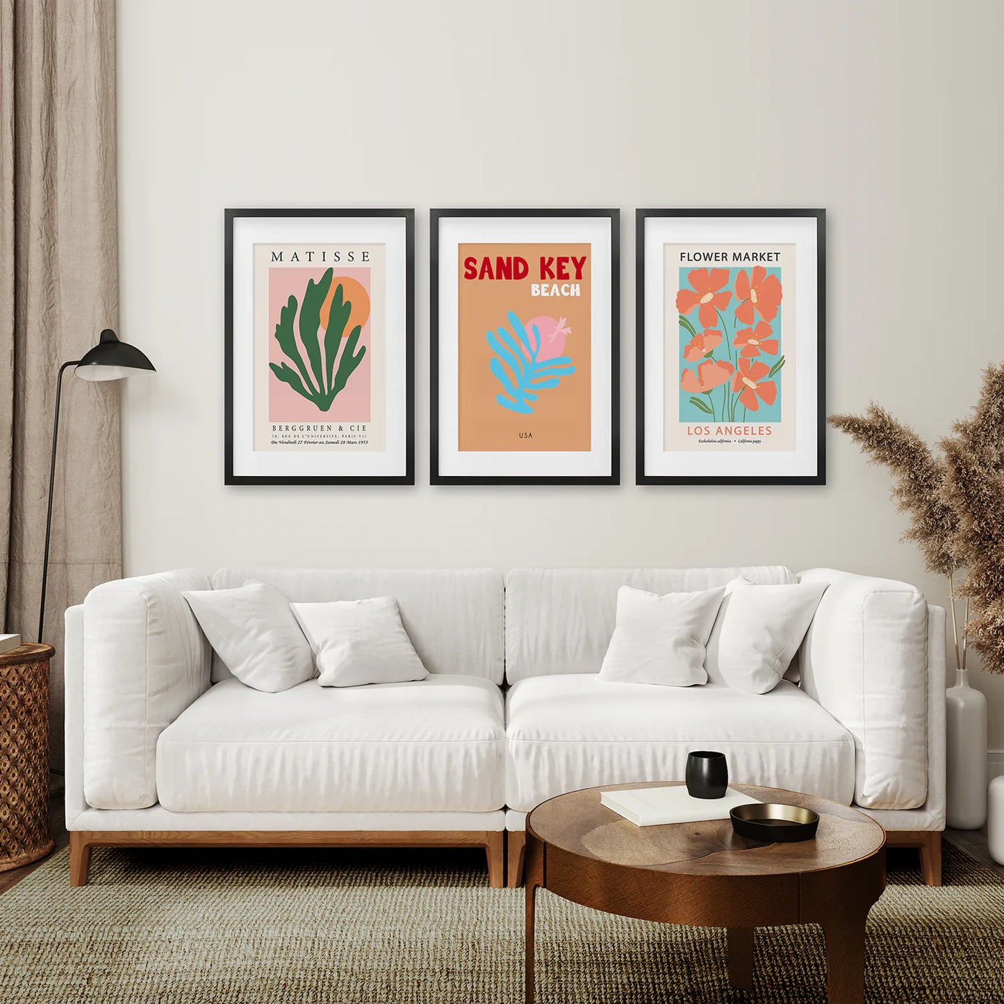 Set of 3 Flowers Prints Home Wall Decor Art. Black Frames with Mat for Living Room.