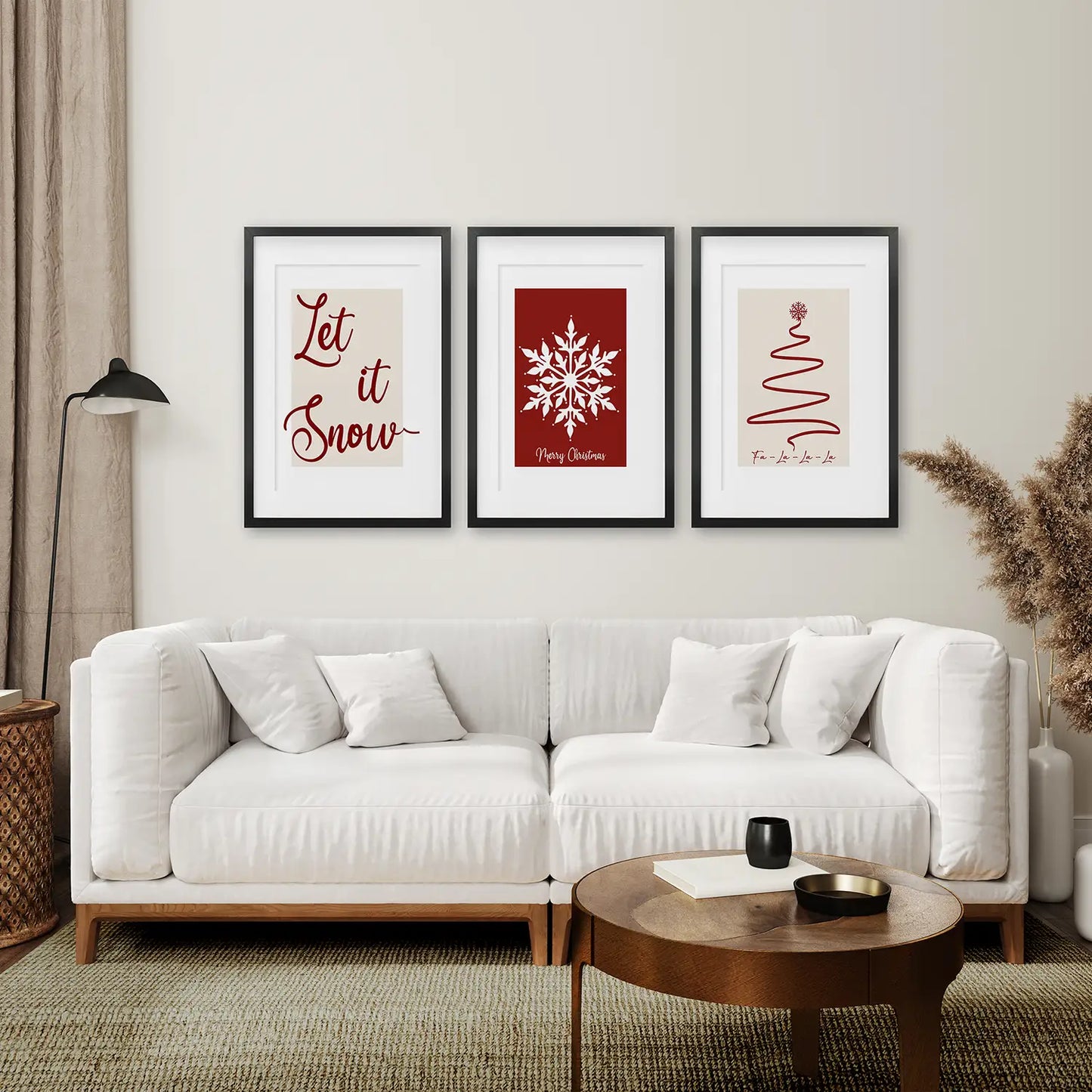 Home Decor Snowflake Winter Print Poster. Black Frames with Mat Over the Coach.