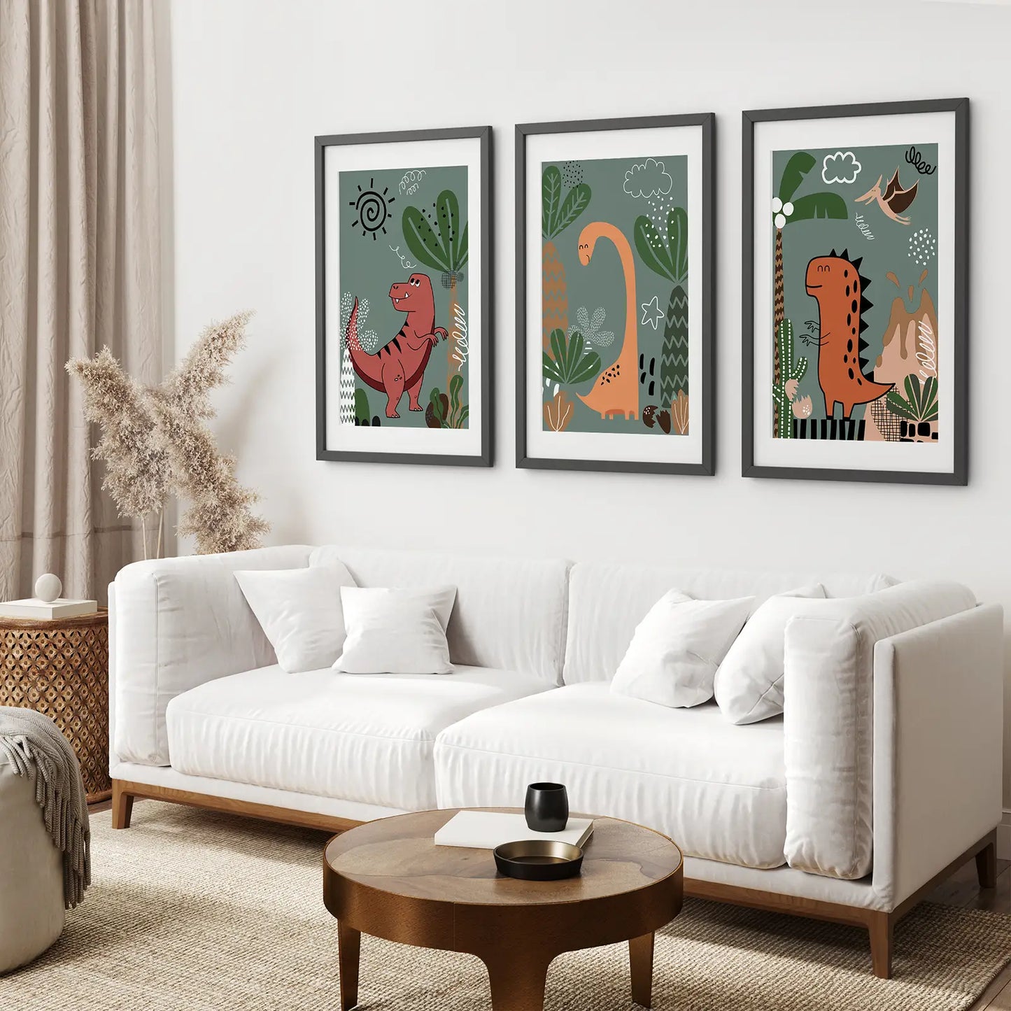 Dinosaur-themed wall art collection of 3 — perfect for toddler room decor. Black frames with mat for living room.