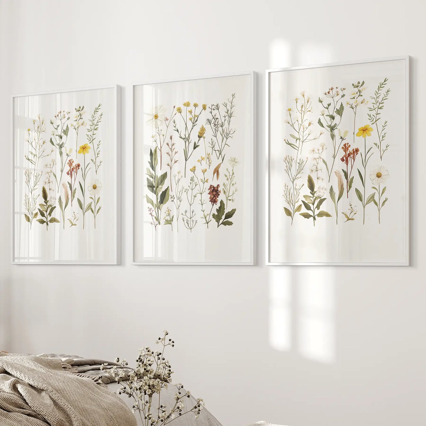 Gift for nature lover. Wildflower wall art trendy poster. White frames over the bed.