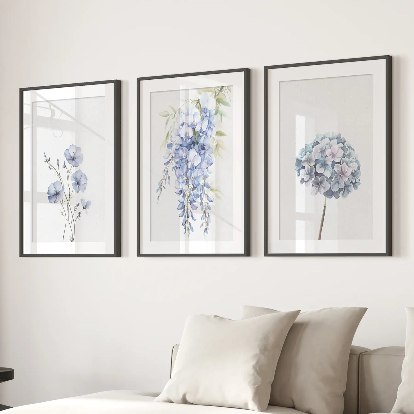 Botanical Flowers Minimalist Blue Wall Art Print Set. Black Frames with Mat Above the Sofa.