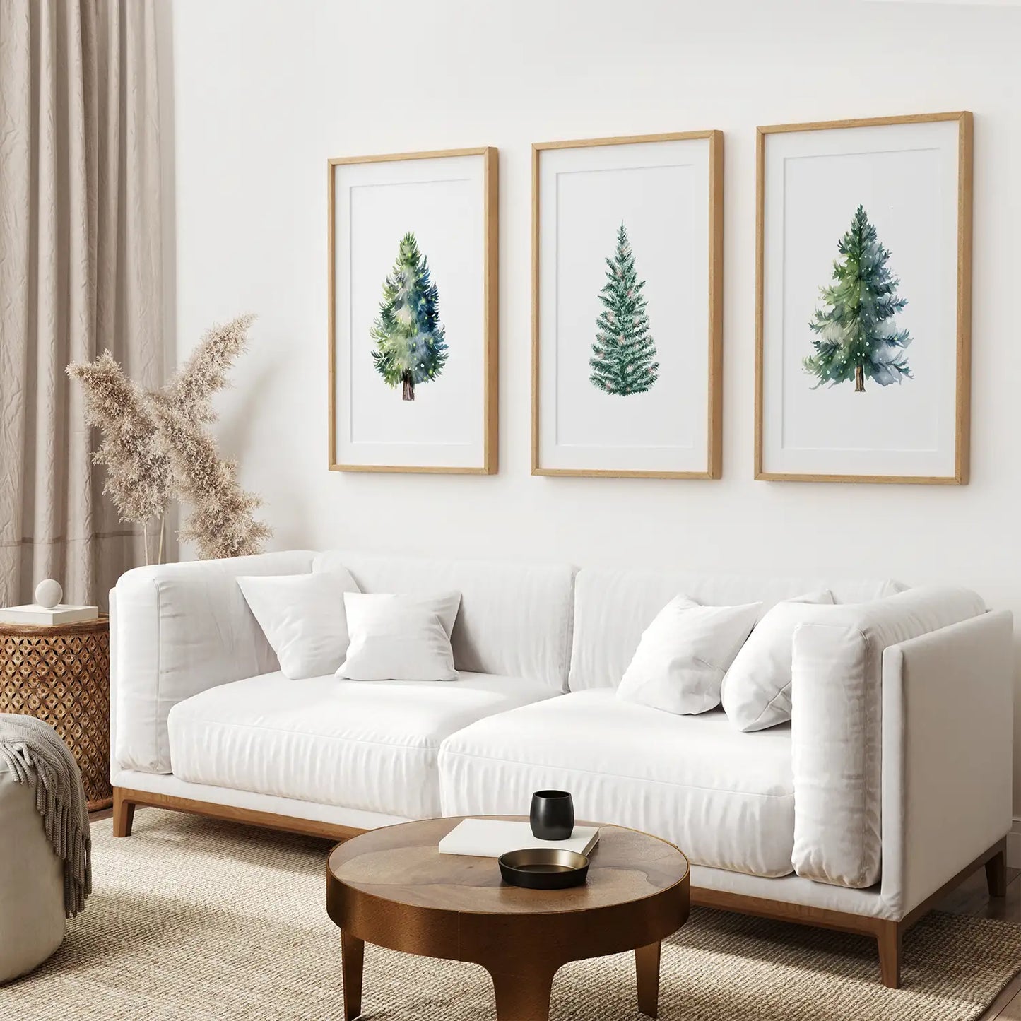 Trendy Large Posters Xmas Tree Home Decor Set. Thin Wood Frames with Mat for Living Room.
