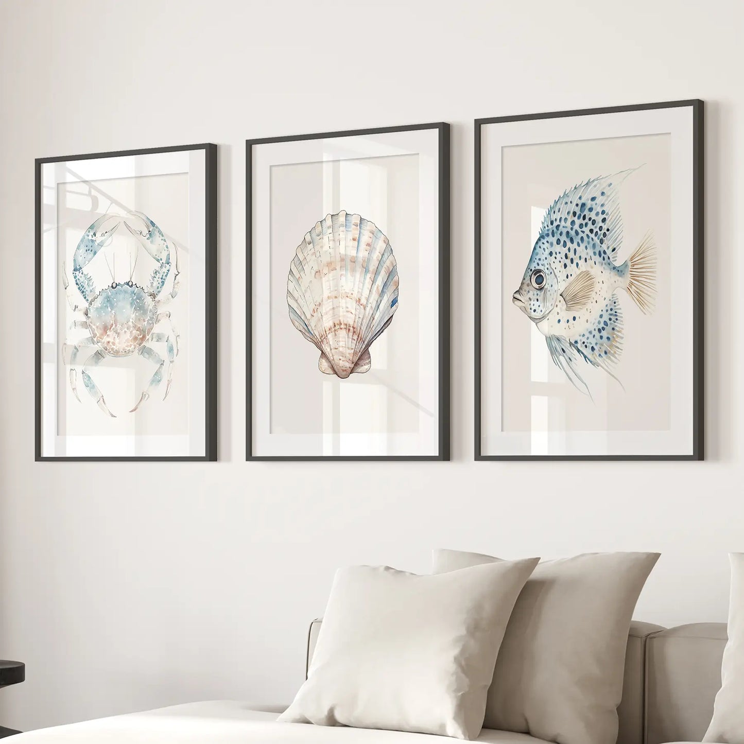 Minimalist nautical coastal wall art. Modern Hamptons style artwork. Black frames with mat over the couch.