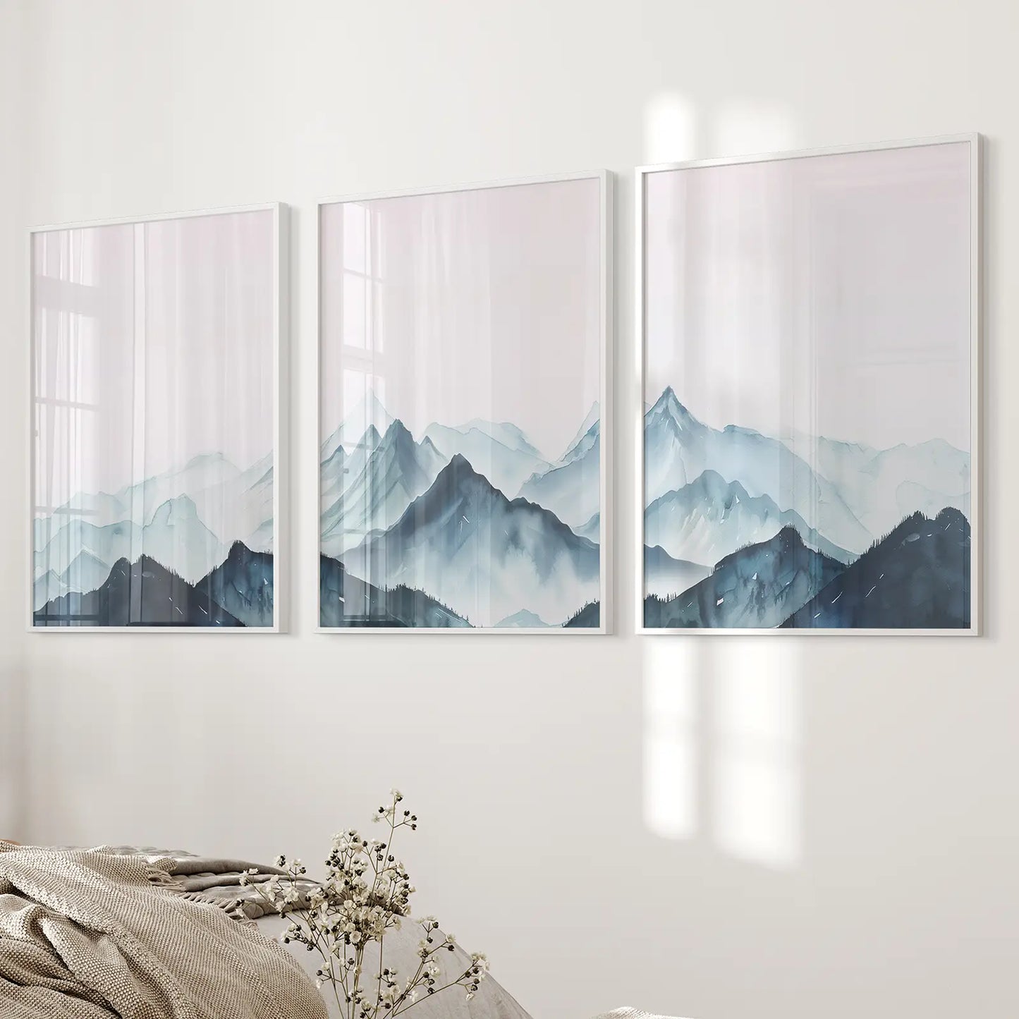 Triptych Wall Art Watercolor Landscape Poster Decor. White Frames Above the Bed.