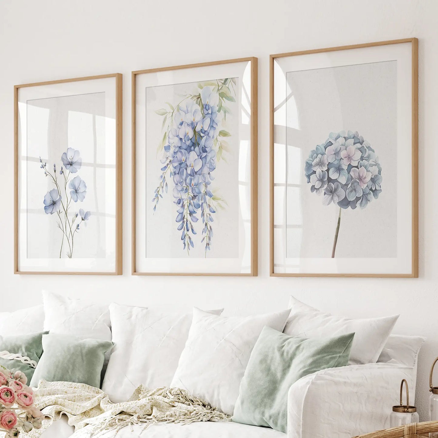 Minimalistic Blue Modern Flowers Wall Decor Poster Set. Thinwood Frames with Mat Above the Sofa.