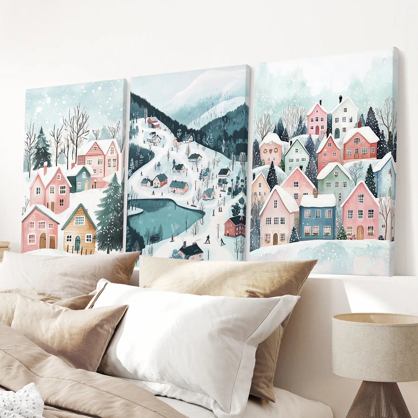 Winter Landscape Art Xmas Printable Decor Set. Stretched Canvas for Bedroom.