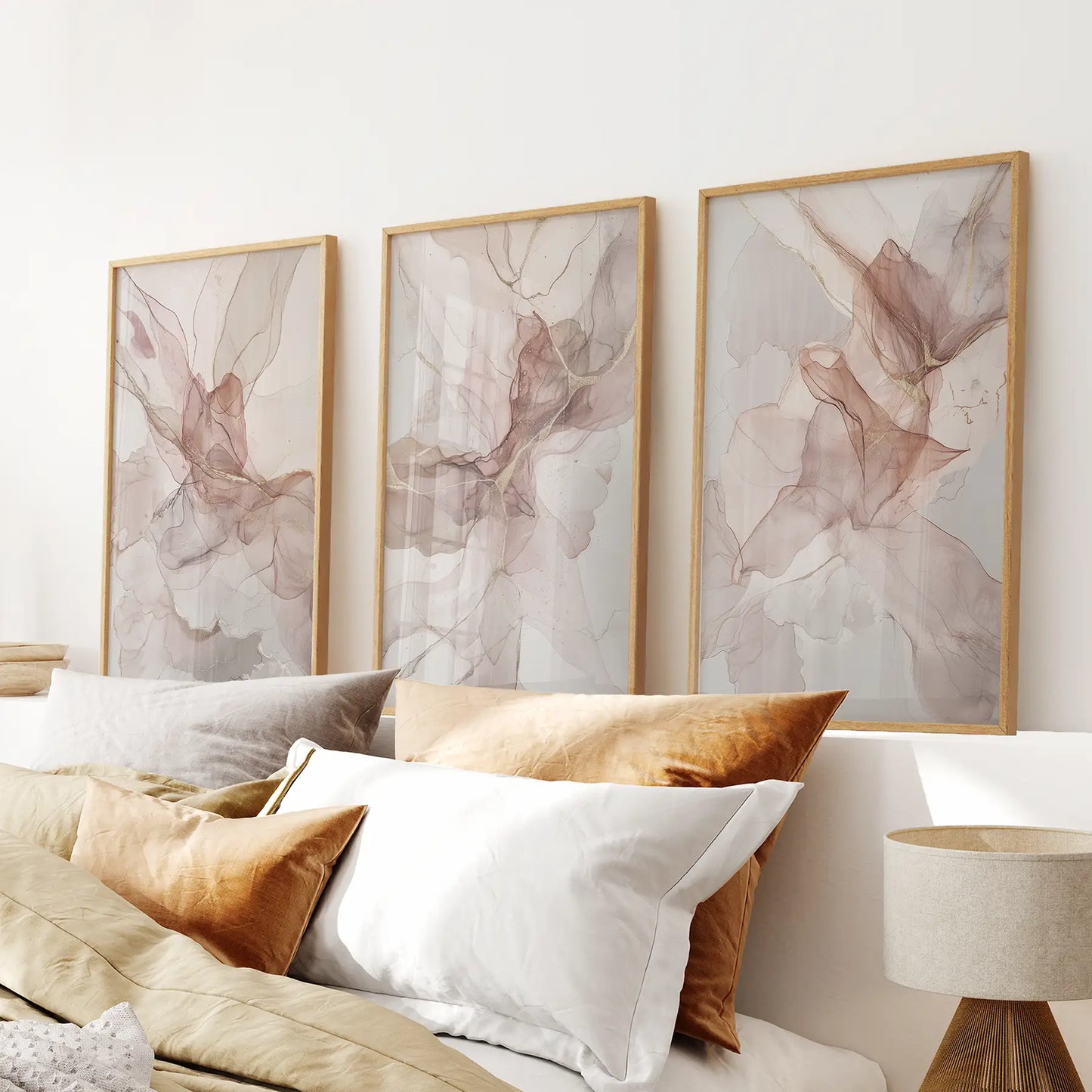 Pink and Gold Marble Wall Prints Abstract Art Decor Set. Thinwood Frames for Bedroom