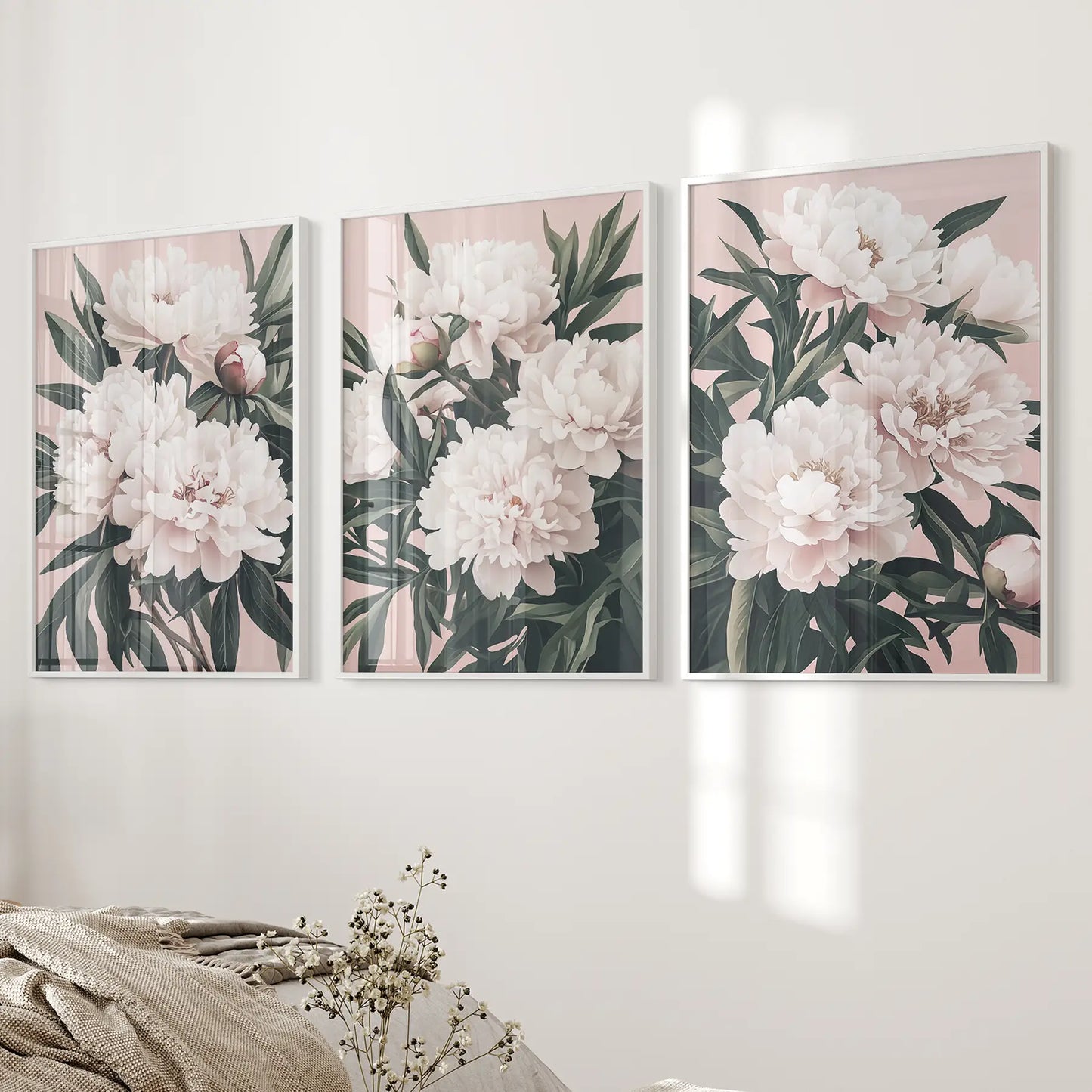 Botanical Prints Watercolor Trendy Large Print Set. White Frames for Bedroom.