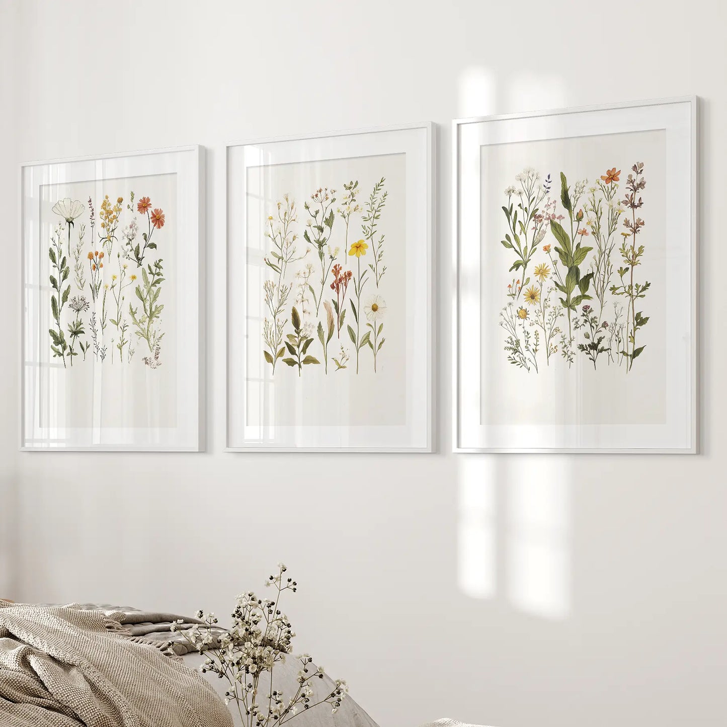 Watercolor Pressed Flowers Colorful Home Decor Poster. White Frames with Mat Over the Bed.