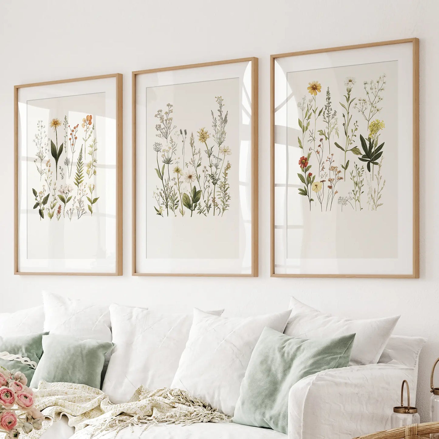 Wildflowers Field Meadow Poster Set Decor. Thinwood Frames with Mat for Living Room.