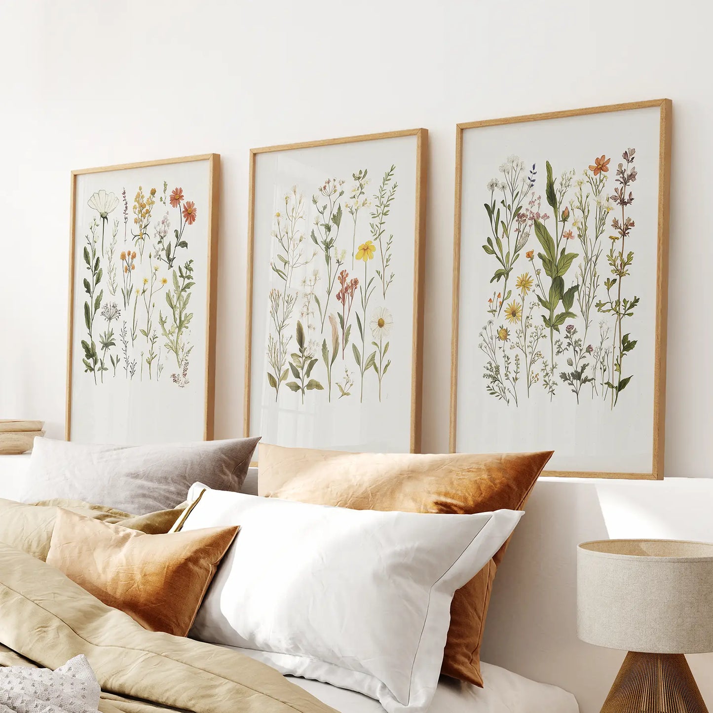 Watercolor Flower Gallery Wall Art Set of 3 Piece. Thinwood Frames Above the Bed.