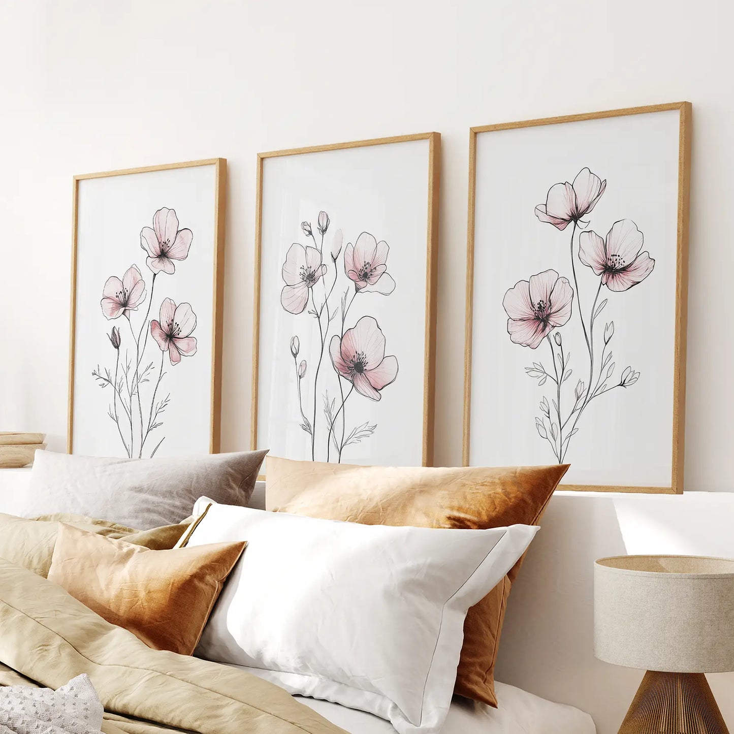 Botanical Plant Prints Trendy Wall Art Decor Set. Thinwood Frames for Bedroom.