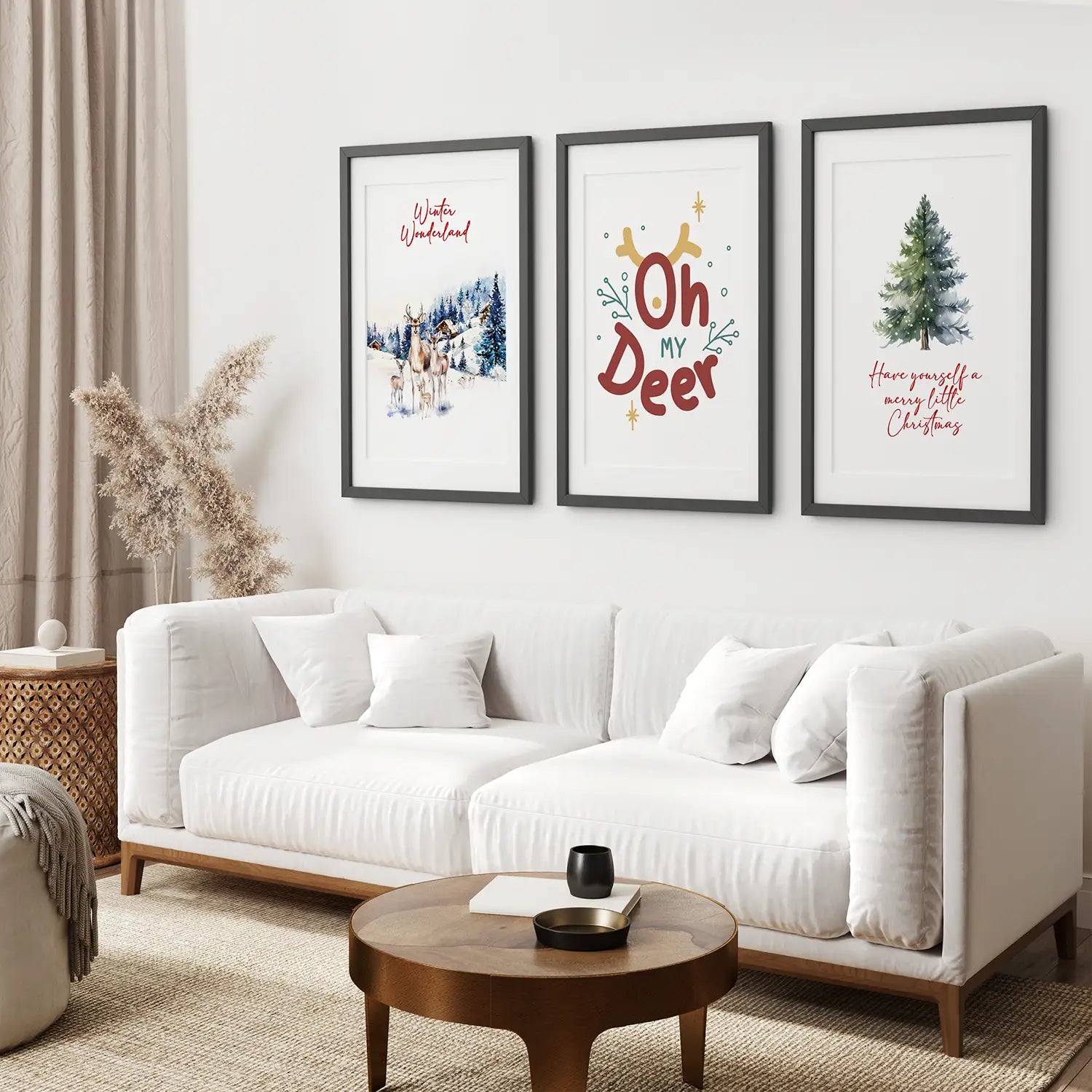 Nursery Christmas Decorations Wall Art Prints Set. Black Frames with Mat Over the Coach.