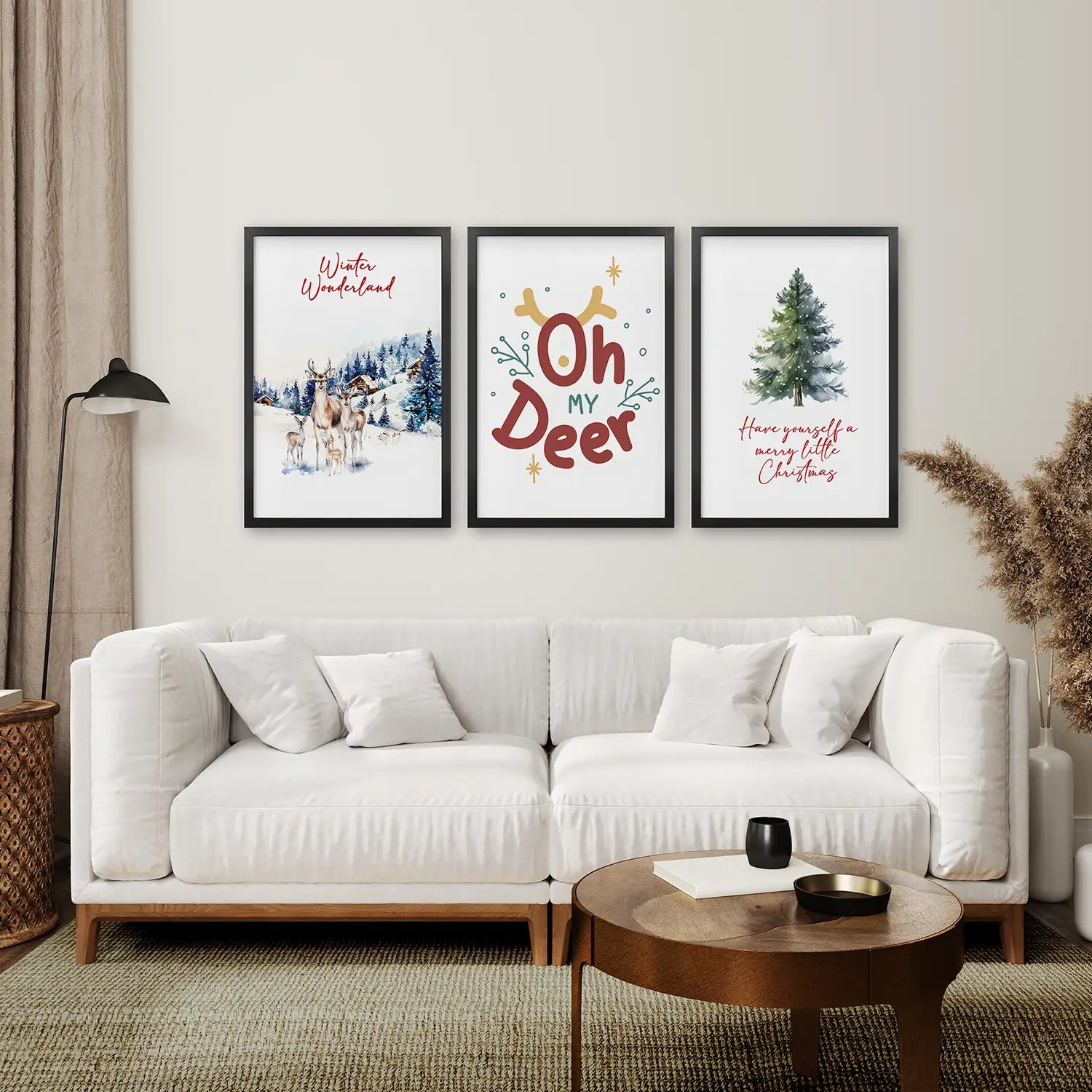 Large Christmas Art Decor Wall Art Posters. Black Frames Above the Sofa.
