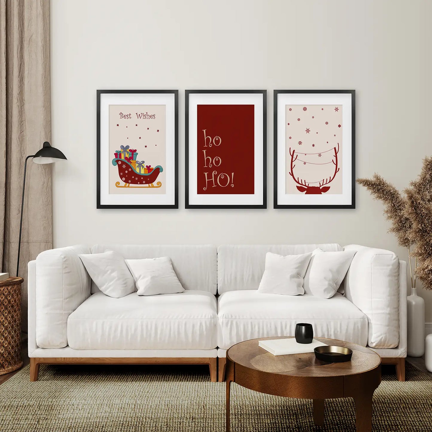 Red Beige Winter Holiday Art Decor Posters. Black Frames with Mat Over the Coach.