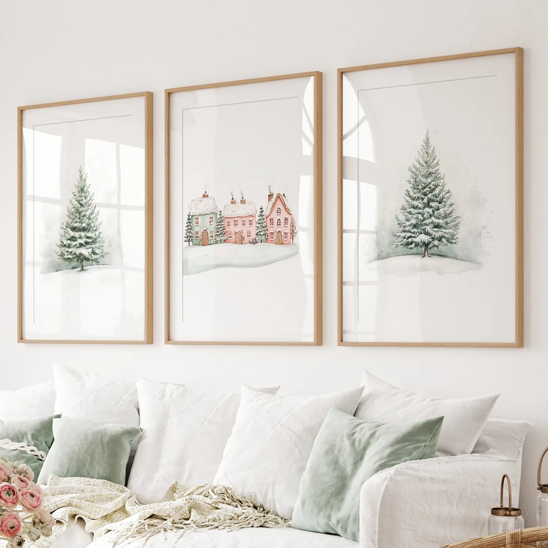 Trendy Watercolour Evergreen Tree Poster Xmas Decoration. Thinwood Frames with Mat Above the Sofa.