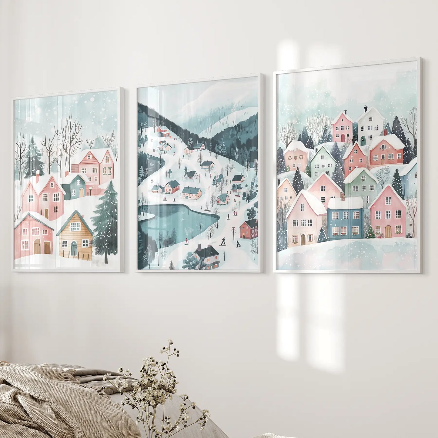 Pink Blue Christmas Winter Scenery Print Art Decor. White Frames Over the Bed.