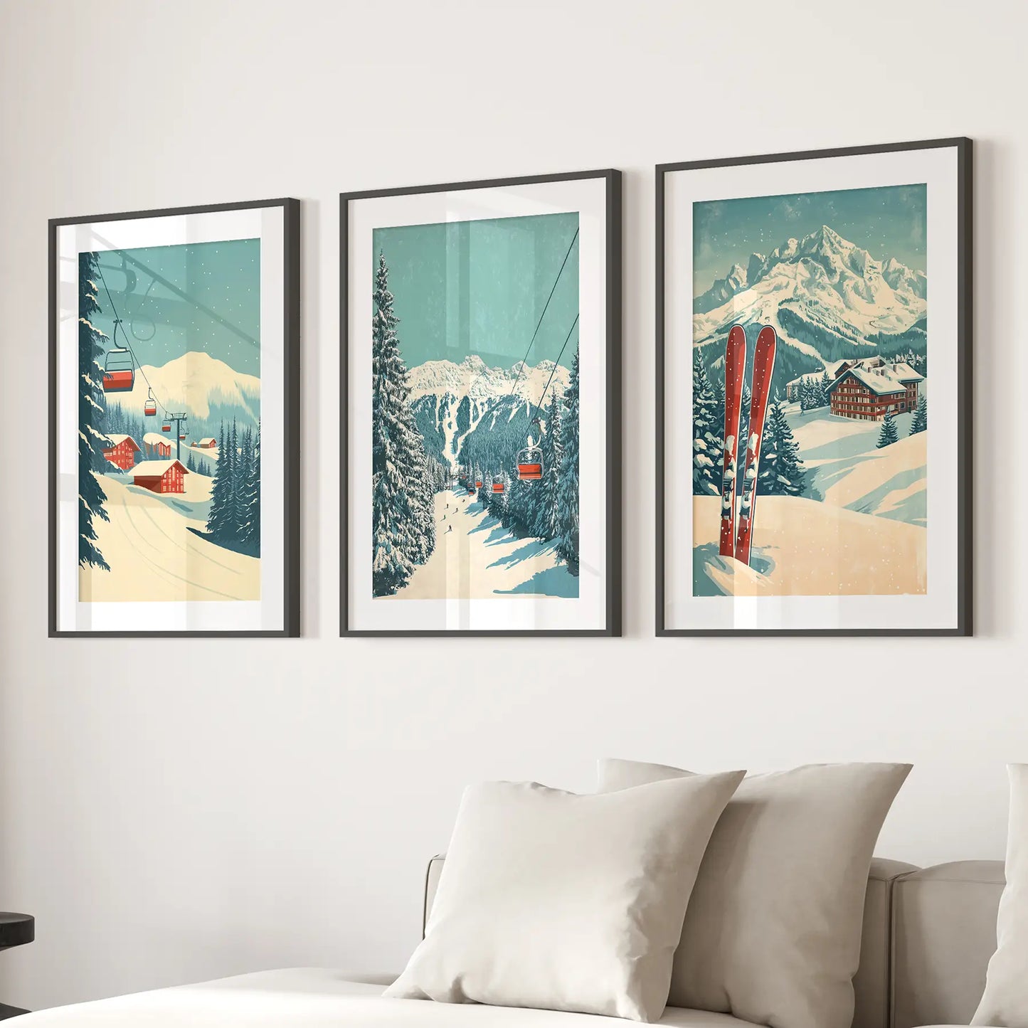 Ski Cabin Snowy Mountain Modern Wall Art Print Set. Black Frames with Mat for Living Room.