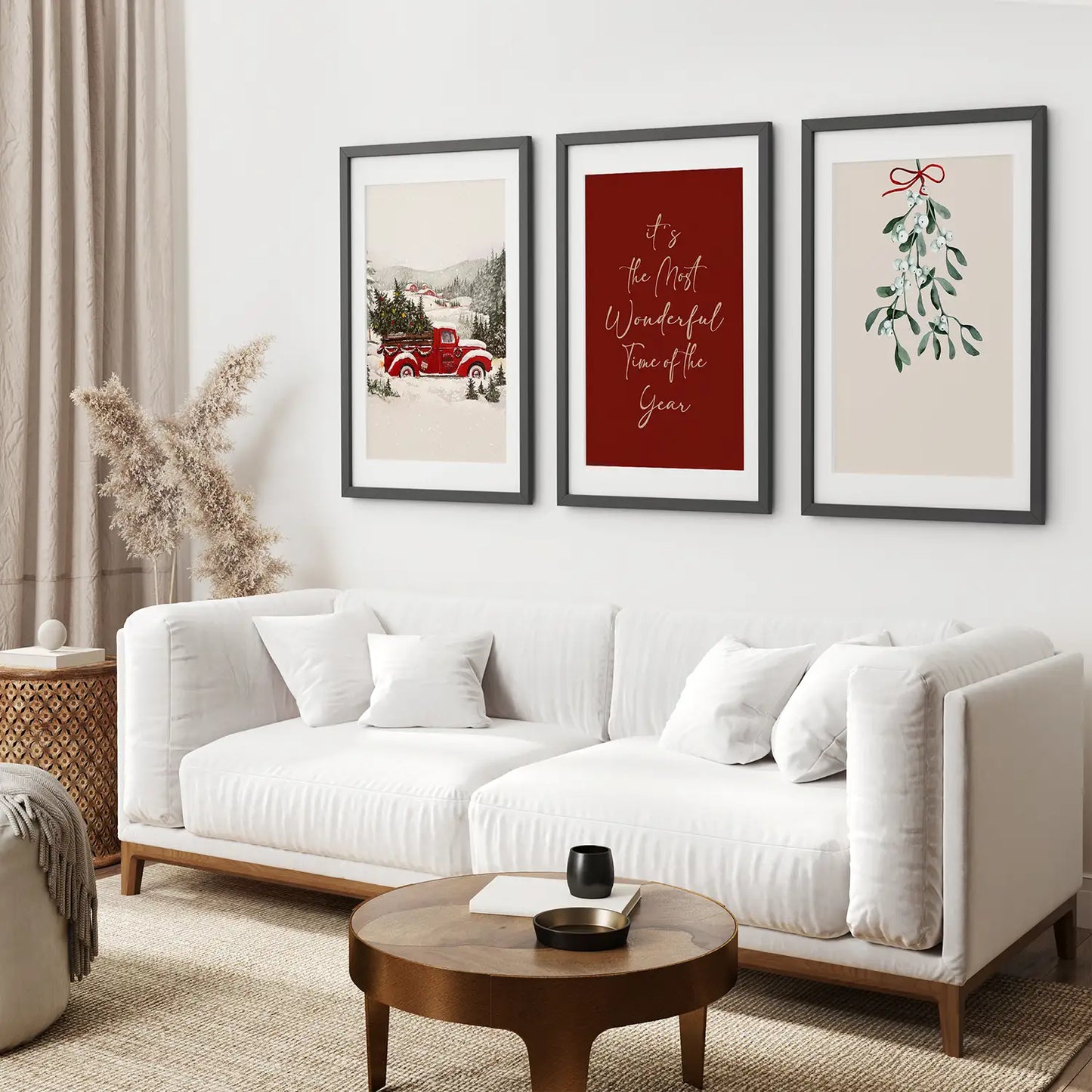 Modern Trendy Xmas Wall Art Decor Prints.Black Frames with Mat Over the Coach.
