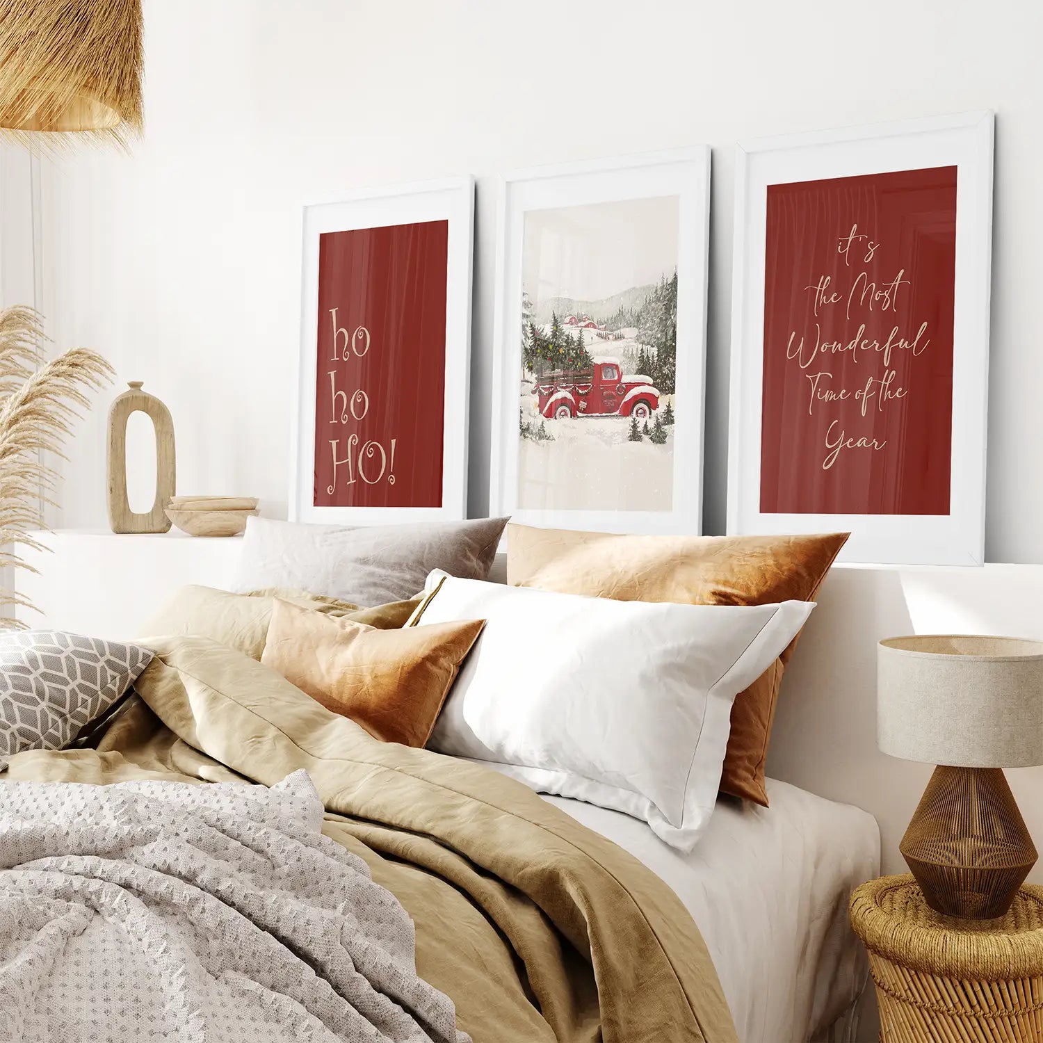 Winter Red Truck Holiday Set of 3 Poster. White Frames with Mat for Bedroom.