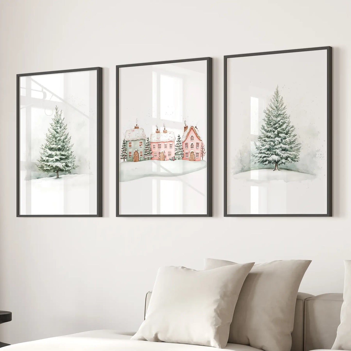 Winter Wonderland Rustic Christmas Set of 3 Poster. Black Frames Over the Couch.