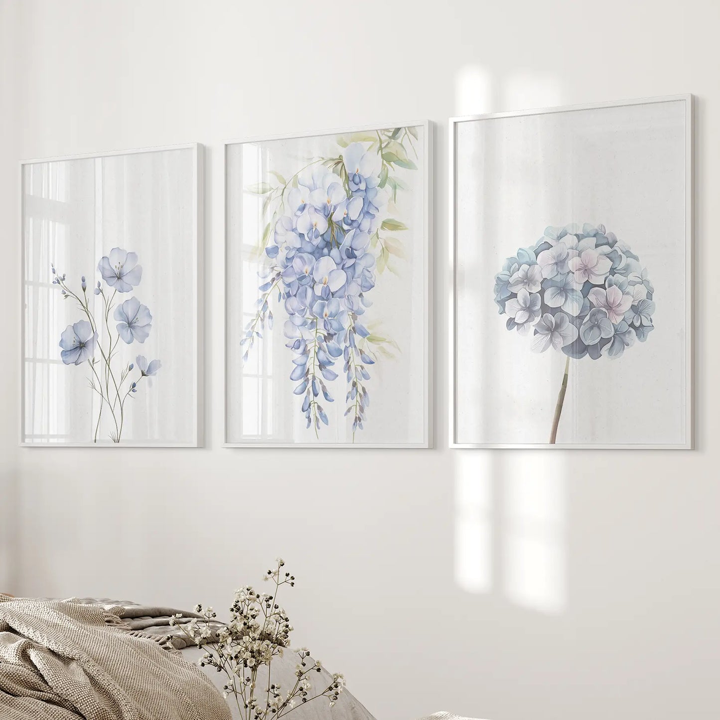 Spring Flowers Painting Wall Art Modern Poster Set. White Frames for Bedroom.