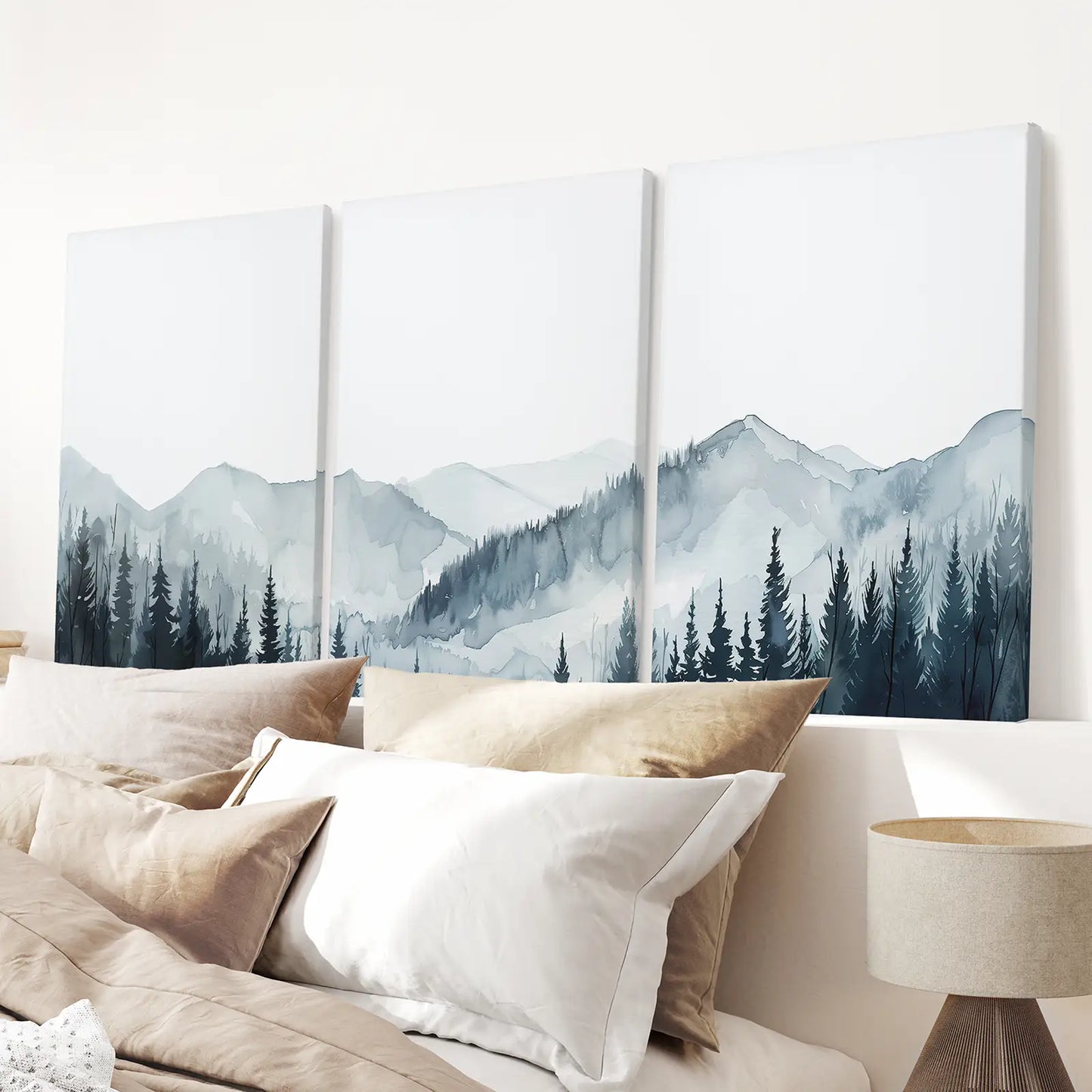 Best Selling Watercolor Wall Art Blue Nature Prints. Stretched Canvas Above the Bed.