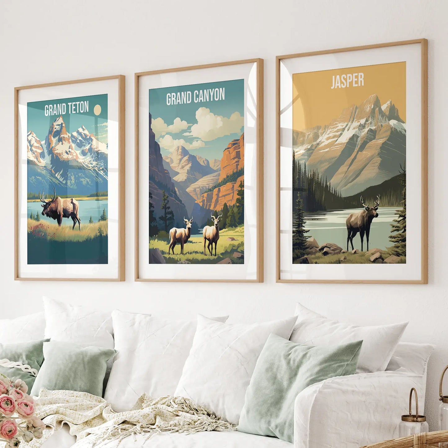 Grand Canyon print at home. Arizona art lover gift posters. Thinwood frames with mat above the sofa.
