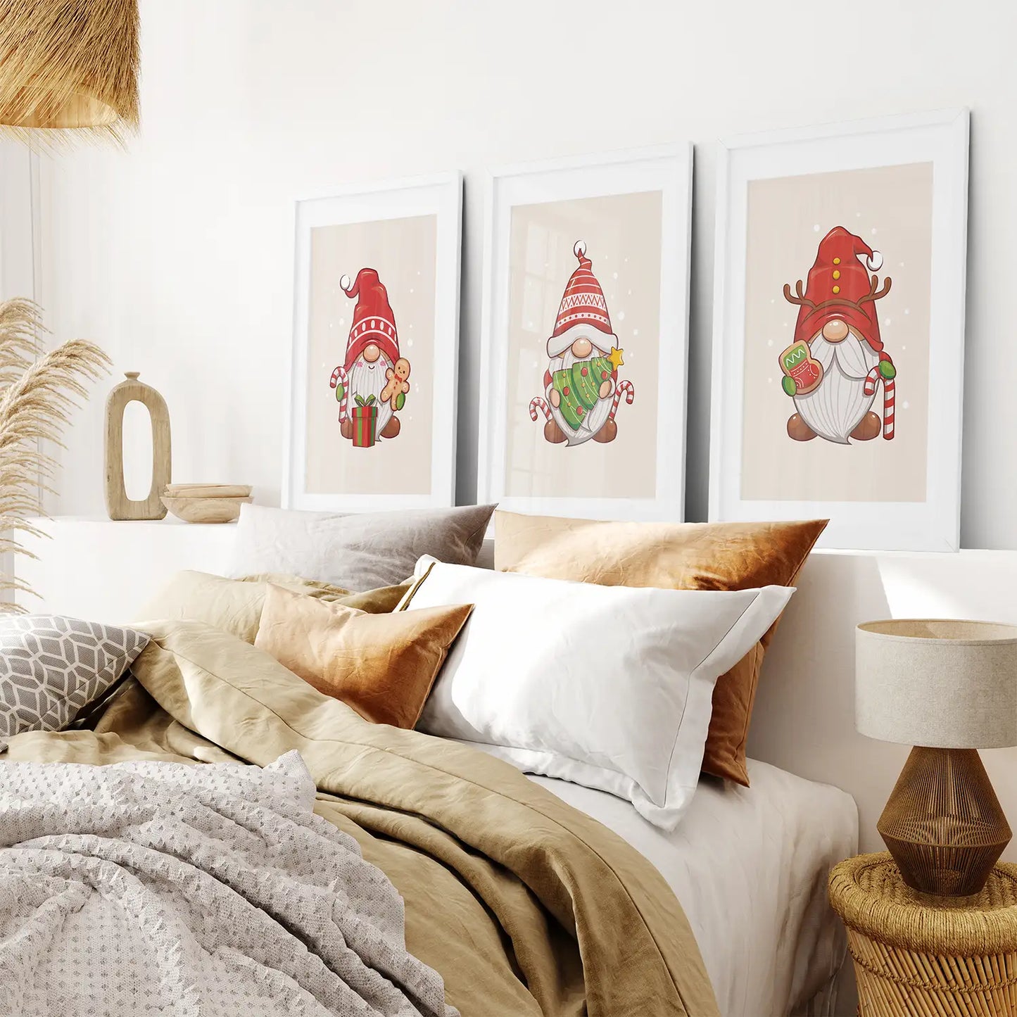 Nursery Xmas Art Scandinavian Gonks Wall Prints. White Frames with Mat for Bedroom.