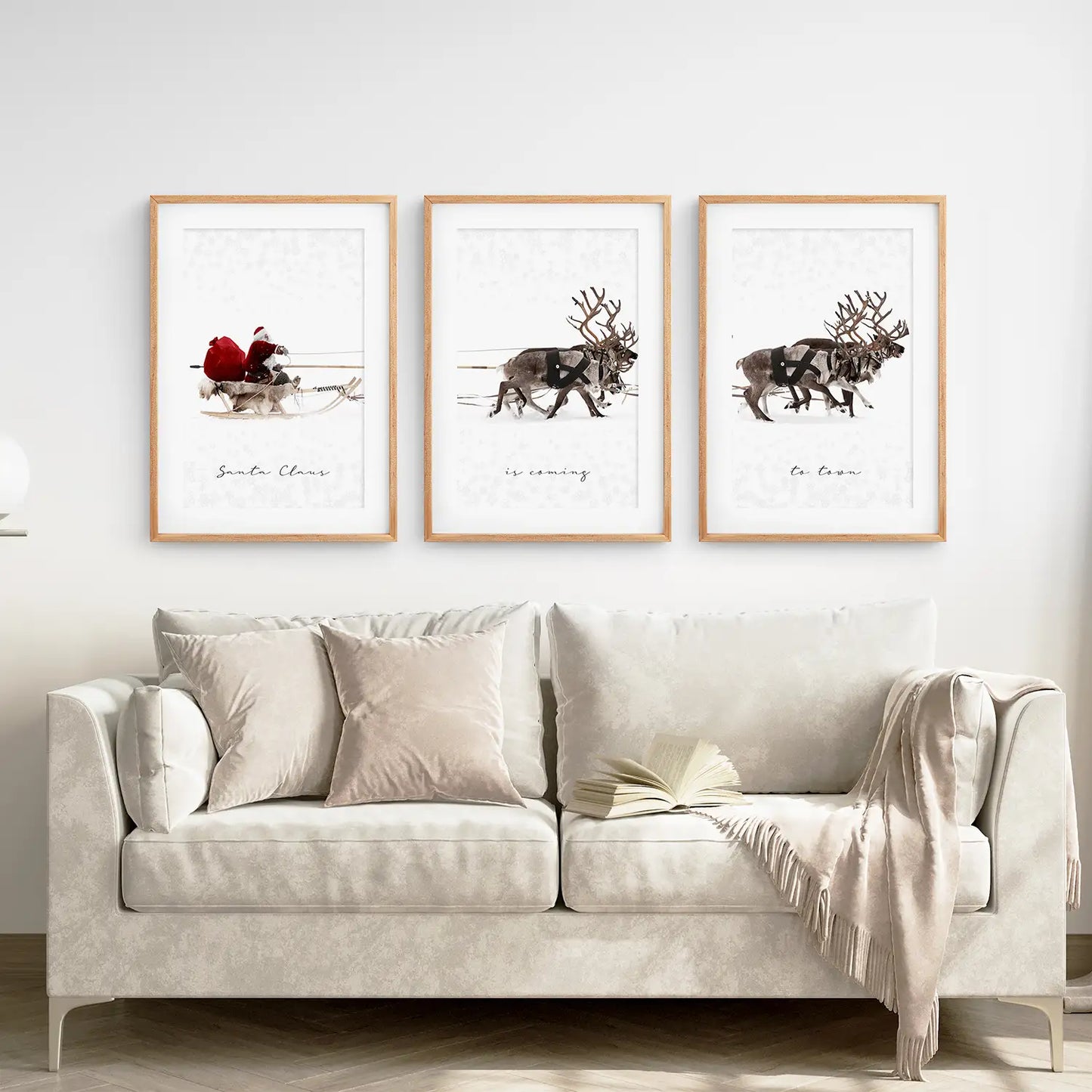 Winter Holiday Decorations Wall Prints Set. Thin Wood Frames with Mat for Living Room.