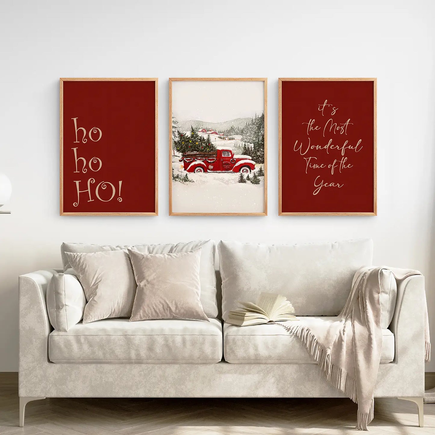Winter Holiday Red Beige Home Prints Set. Thin Wood Frames Over the Coach.
