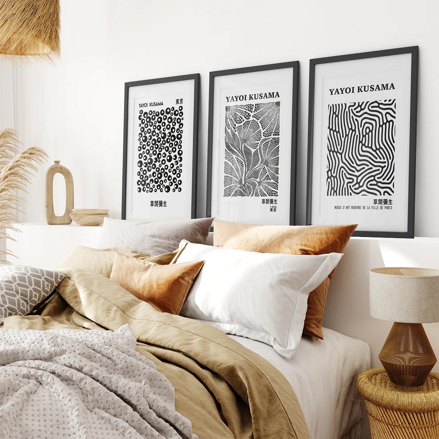 Japanese Exhibition Pattern Triptych Wall Art. Black Frames with Mat Over the Bed.
