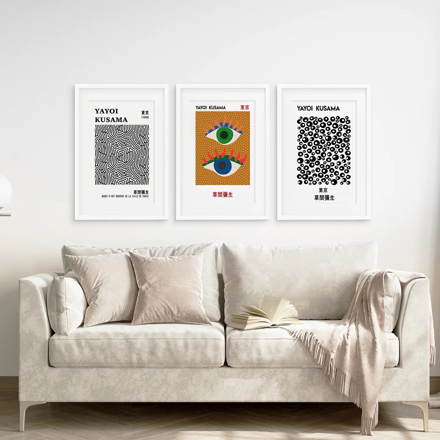 Large Prints Modern Japandi Decor Gift Idea. White Frames with Mat Above the Sofa.