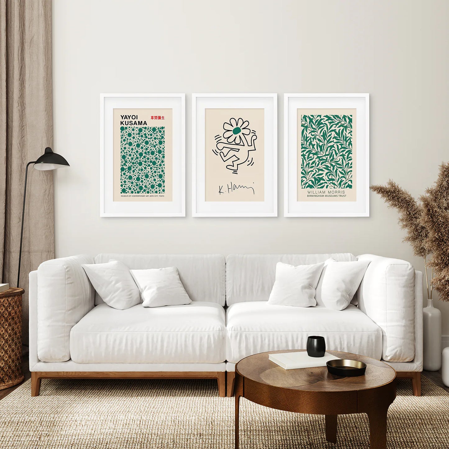 Modern Yayoi Kusama Japan Art Decor. White Frames with Mat Over the Coach.