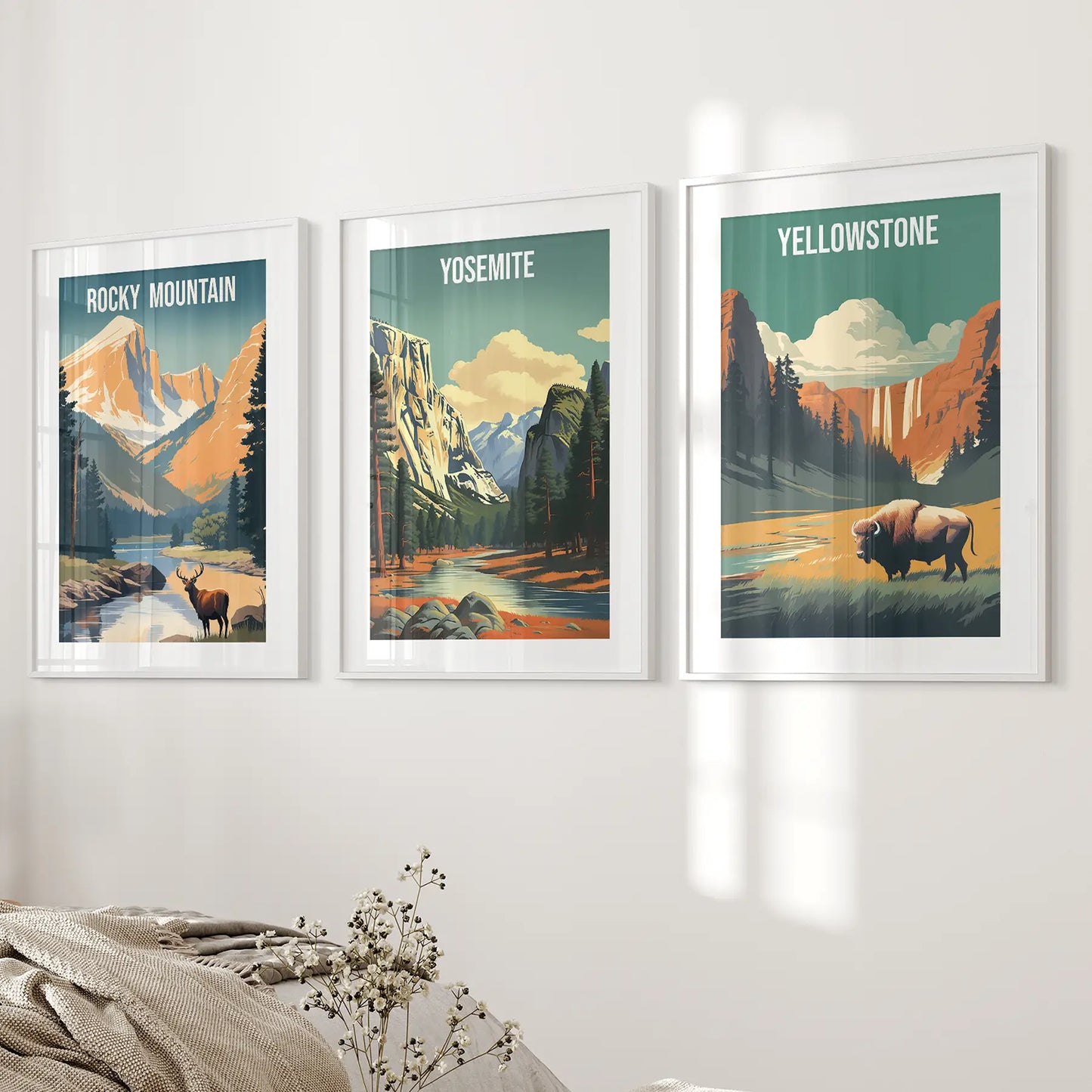 Vibrant nature landscape art print for adventure lovers. White frames with mat over the bed.
