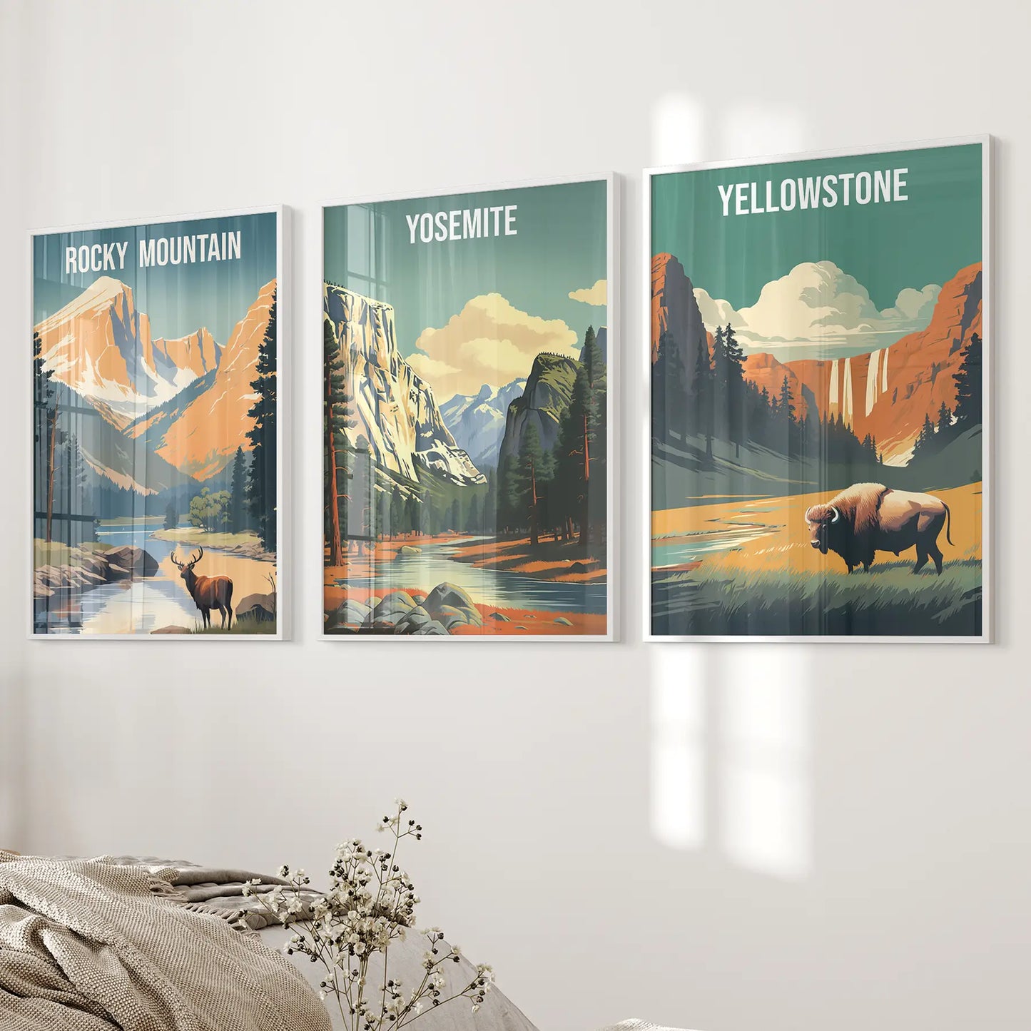National park poster scenic landscape. Outdoor adventure art decor. White frames above the bed.
