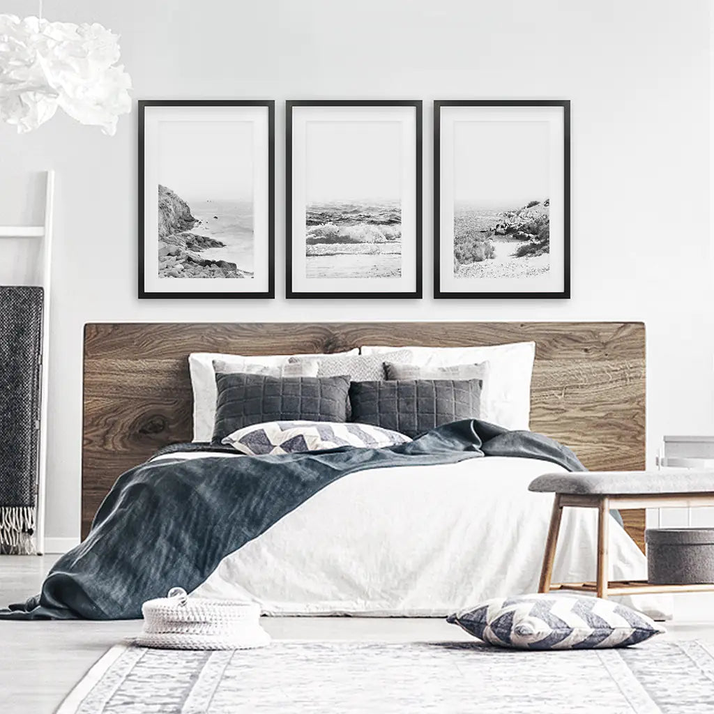 Black White Ocean Wall Art Set of 3. Rocky Beach, Waves. Black Frames with Mat