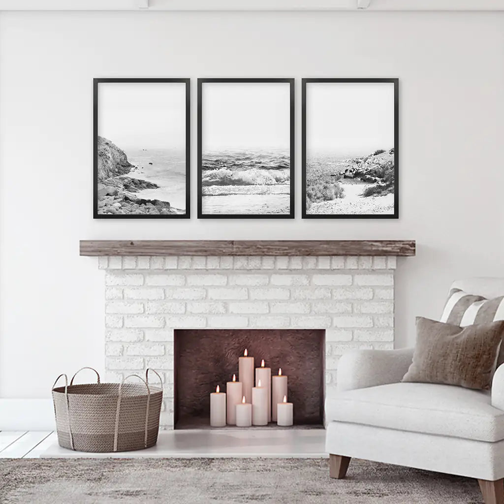 Black White Ocean Wall Art Set of 3. Rocky Beach, Waves. Black Frames