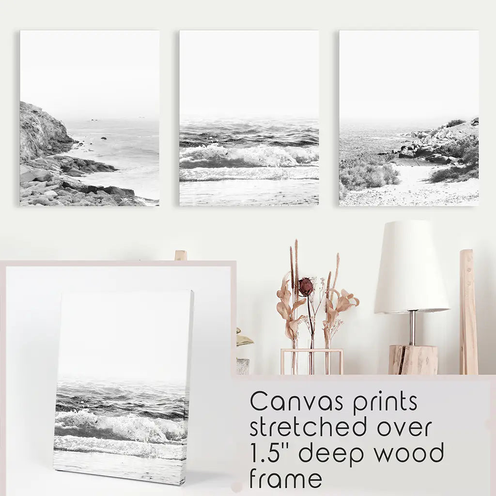 Black White Ocean Wall Art Set of 3. Rocky Beach, Waves. Stretched Canvas