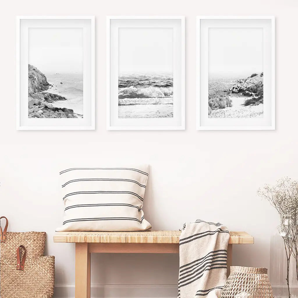 Black White Ocean Wall Art Set of 3. Rocky Beach, Waves. White Frames with Mat
