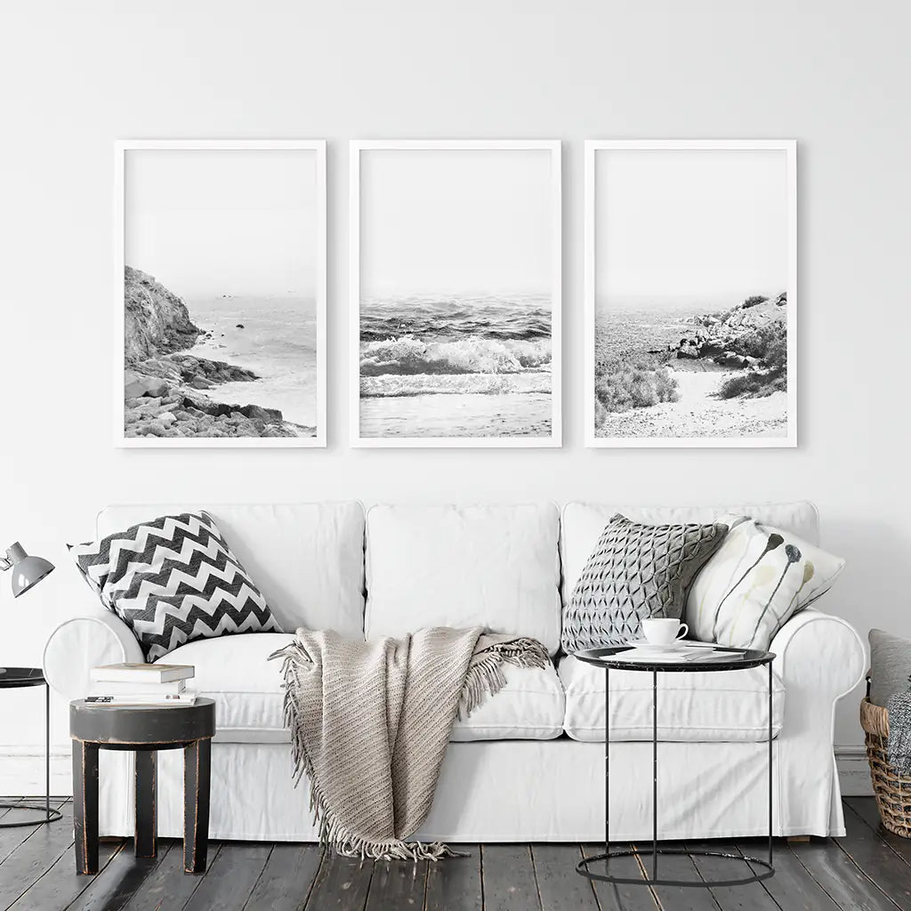 Black White Ocean Wall Art Set of 3. Rocky Beach, Waves. White Frames