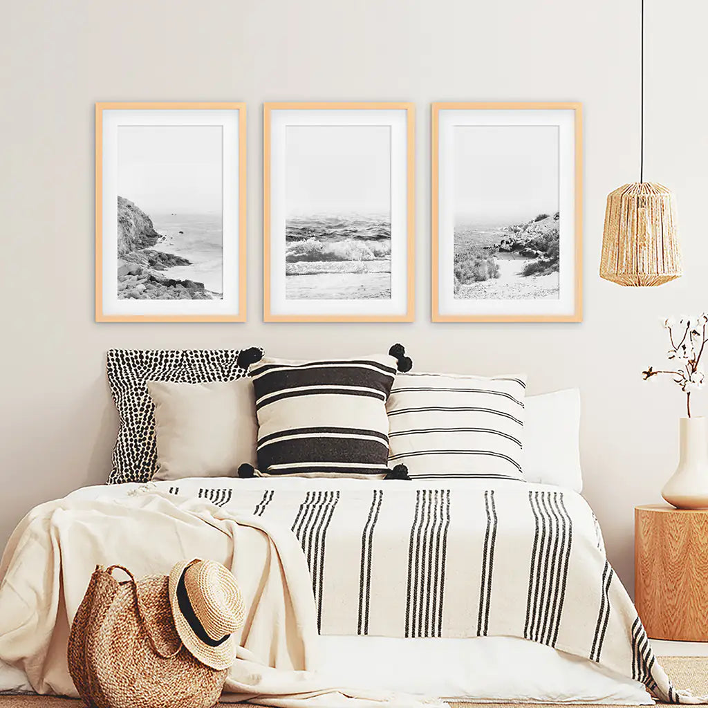 Black White Ocean Wall Art Set of 3. Rocky Beach, Waves. Wood Frames with Mat