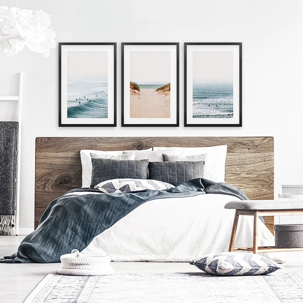 Beige Sandy Beach, Blue Ocean Waves, Surfers. Set of 3 Prints. Black Frames with Mat