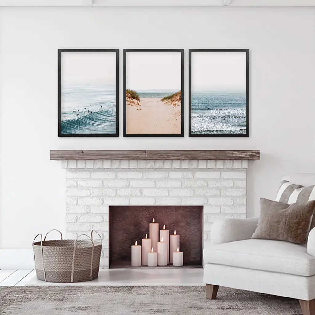 Beige Sandy Beach, Blue Ocean Waves, Surfers. Set of 3 Prints. Black Frames