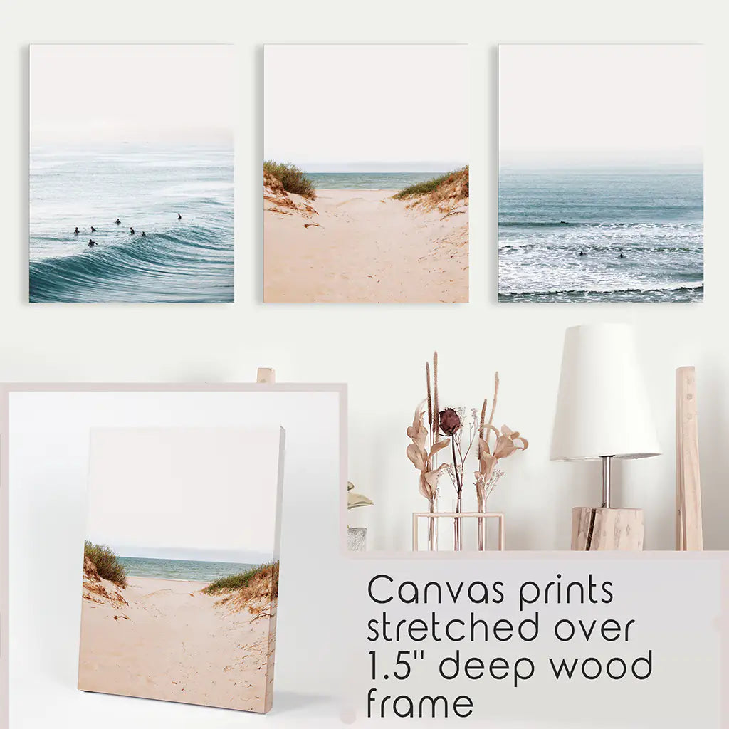 Beige Sandy Beach, Blue Ocean Waves, Surfers. Set of 3 Prints. Wrapped Canvas