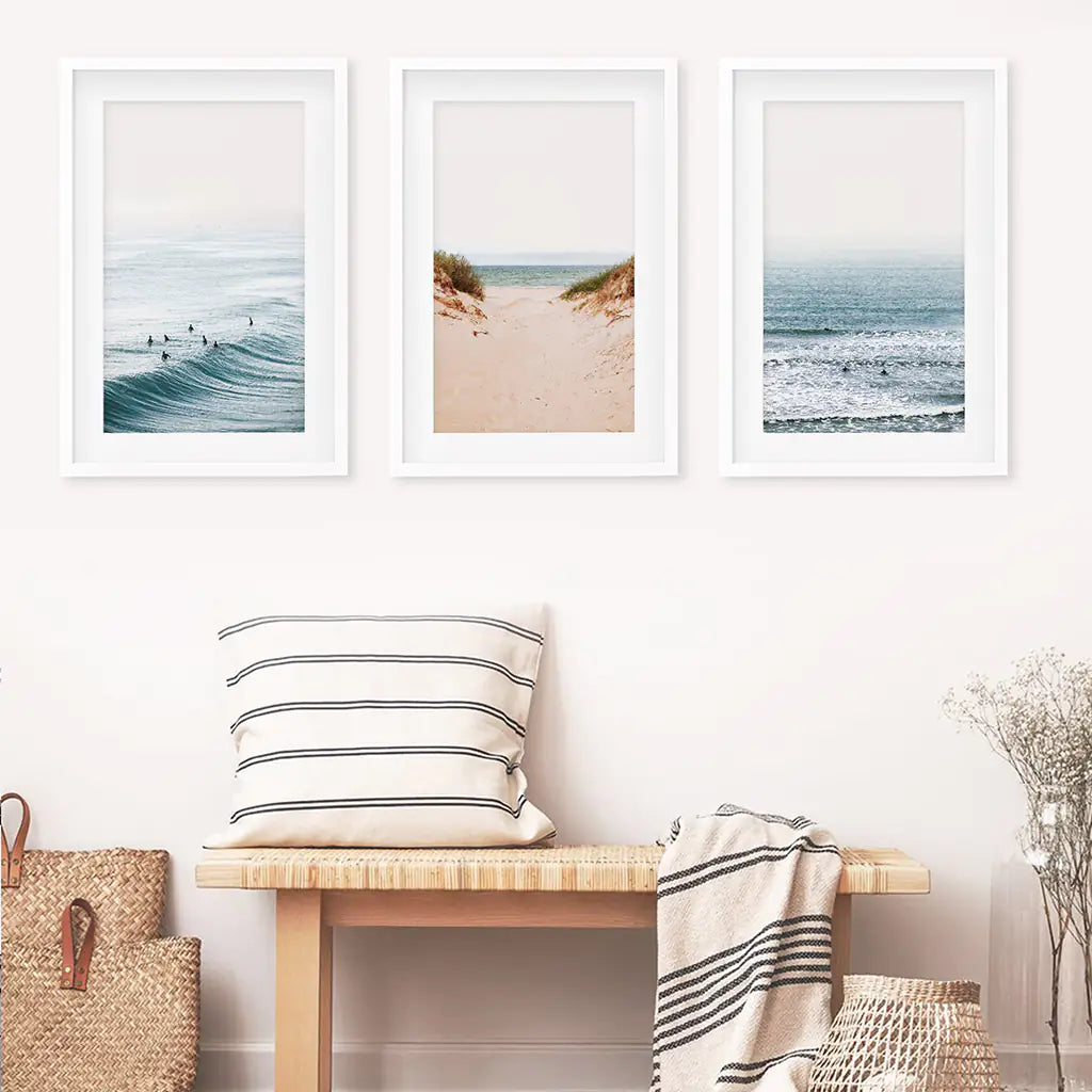 Beige Sandy Beach, Blue Ocean Waves, Surfers. Set of 3 Prints. White Frames with Mat