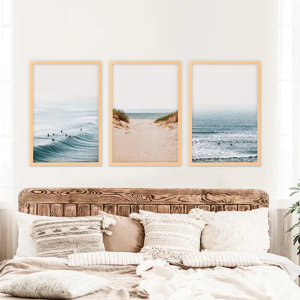 Beige Sandy Beach, Blue Ocean Waves, Surfers. Set of 3 Prints. Wood Frames