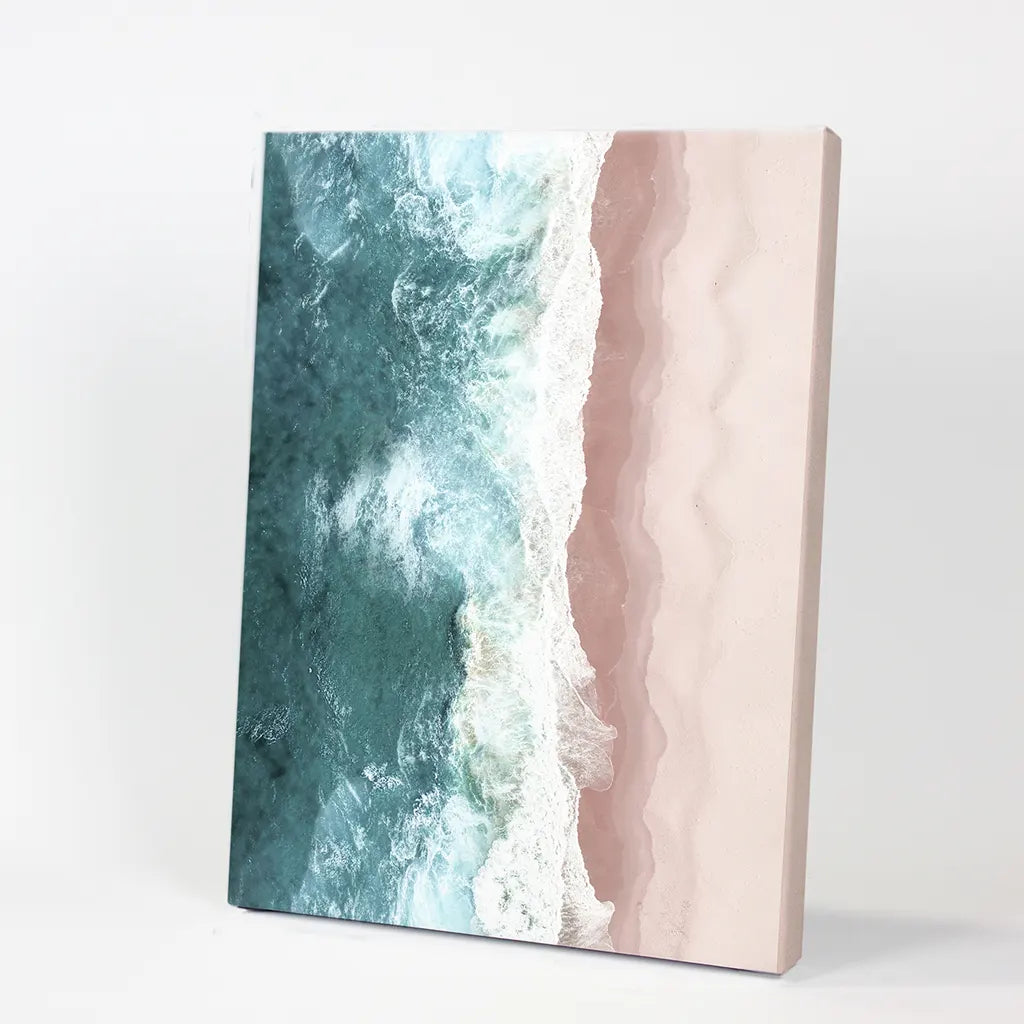 Ocean Aerial Print. Neutral Pink Beach, Blue Waves. Canvas Print