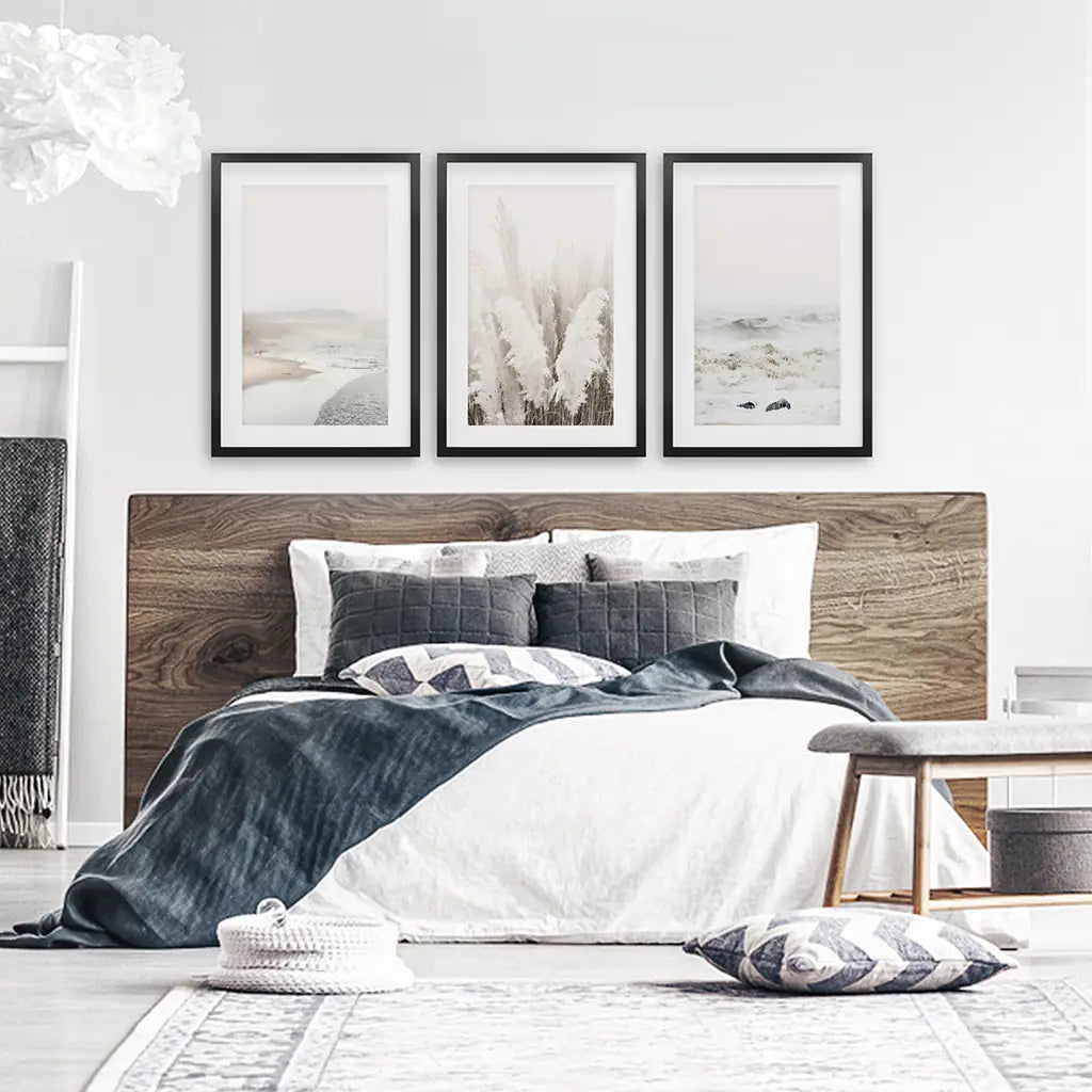 Art Print Set. Beige Ocean Beach, Pampas Grass. Black Frames with Mat