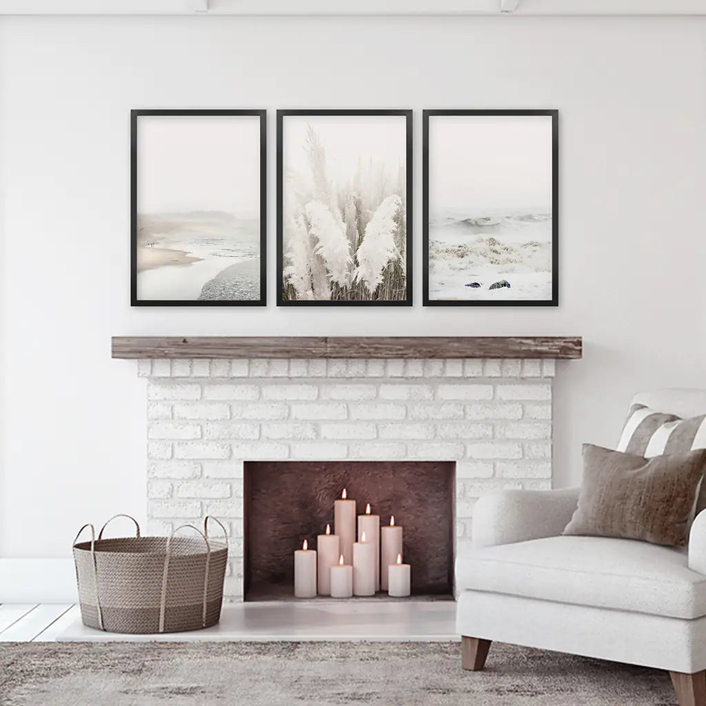 Art Print Set. Beige Ocean Beach, Pampas Grass. Black Frames